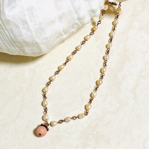 Pale Pink Freshwater Pearl Short Necklace with Cute Coral Pendant, Copper Links - Picture 9 of 16